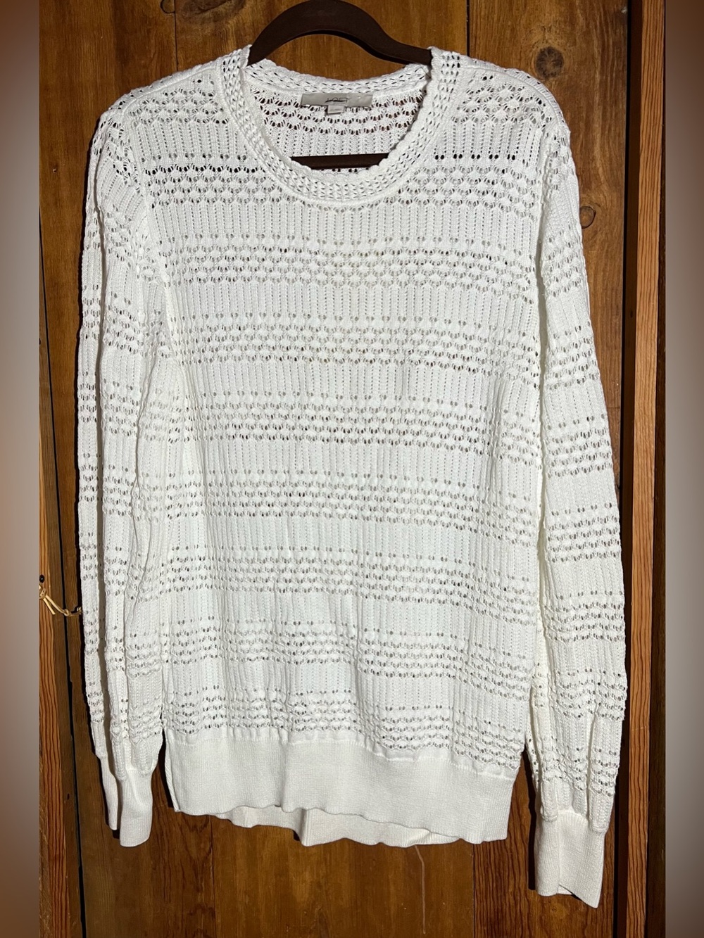 LOFT Cream Open-Stitch Crewneck Sweater